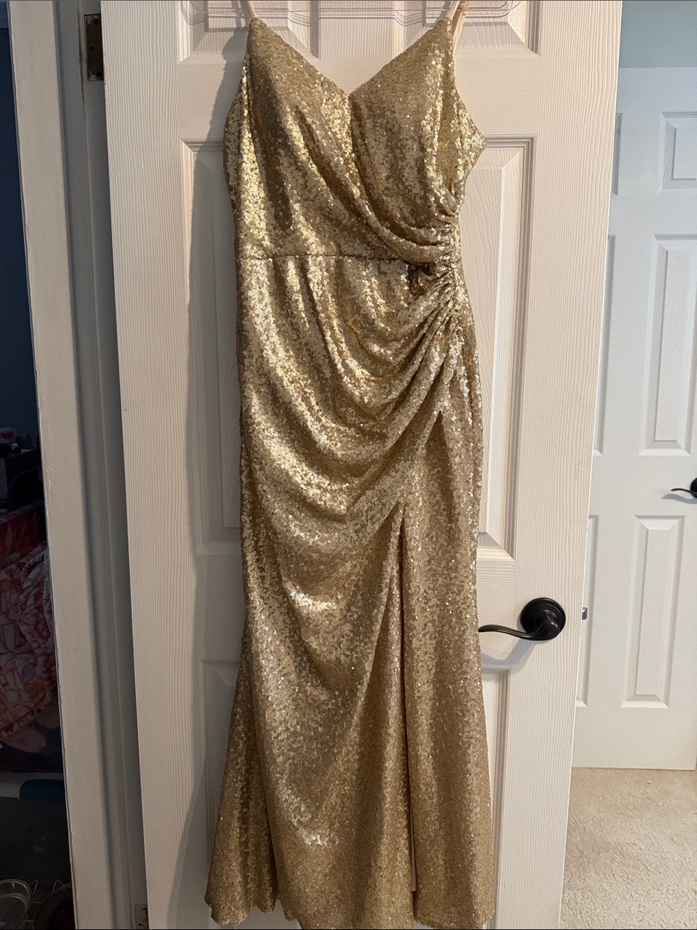 Revelry Gold Sequin Draped Spaghetti-Strap Wedding Dress
